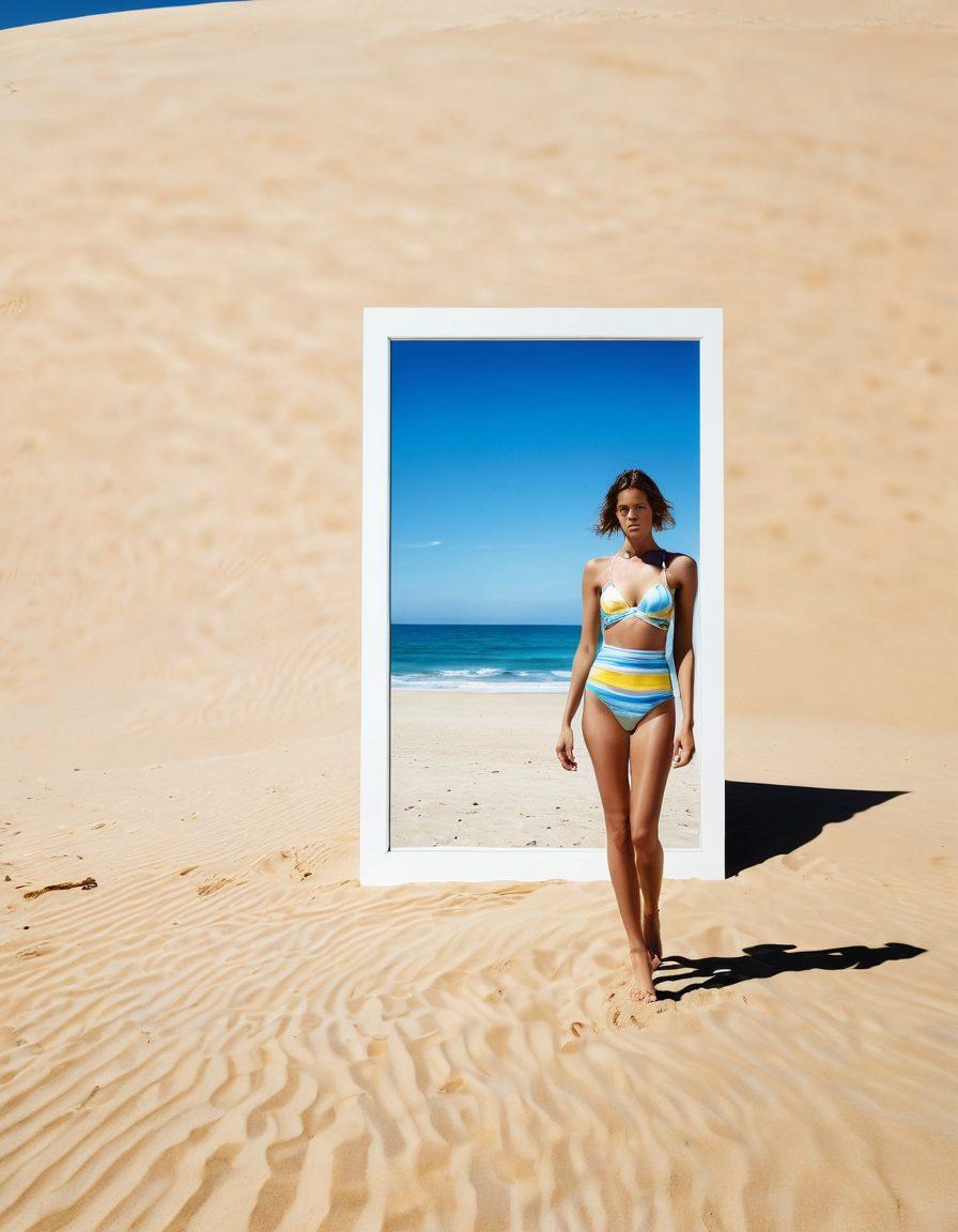 A mix of serene beach scenes and digital screens showcasing swimwear, with models displaying both joy and melancholy. Incorporate contrasting elements of sunlight and shadows to evoke a poignant mood. Blend the textures of sand, water, and fabric into the composition for depth. Soft pastel colors with hints of vibrant blues and yellows reflect the essence of summer intertwined with introspection. surreal art. vibrant colors. 3D.