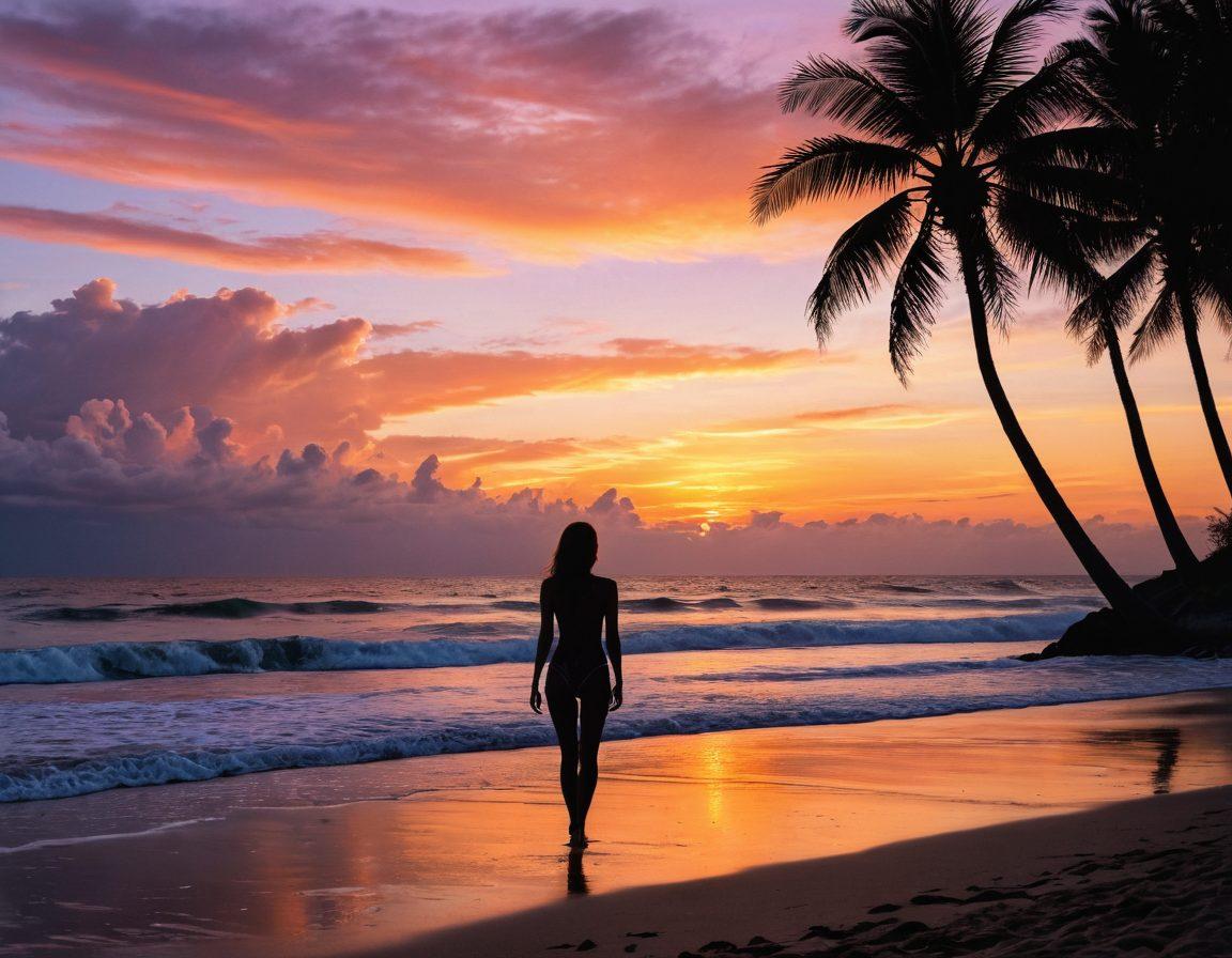 A moody beach scene at sunset, highlighting a lone figure in a bikini, gazing introspectively at the ocean. Gentle waves lap at the shore, with soft, romantic lighting creating a melancholic atmosphere. Incorporate subtle silhouettes of palm trees and wispy clouds, evoking a sense of nostalgia and longing. Emphasize the contrast between vibrant colors of the sky and the somber tones of the figure. super-realistic. warm tones. cinematic.